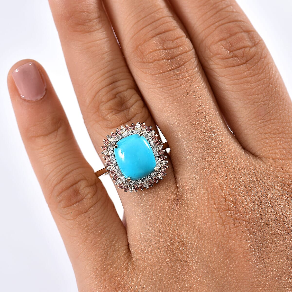 Luxoro Premium Sleeping Beauty Turquoise, Padparadscha Sapphire and I2 Diamond 5.20 ctw Sunset Empress Ring in 10K Yellow Gold (Size 11.5) image number 2