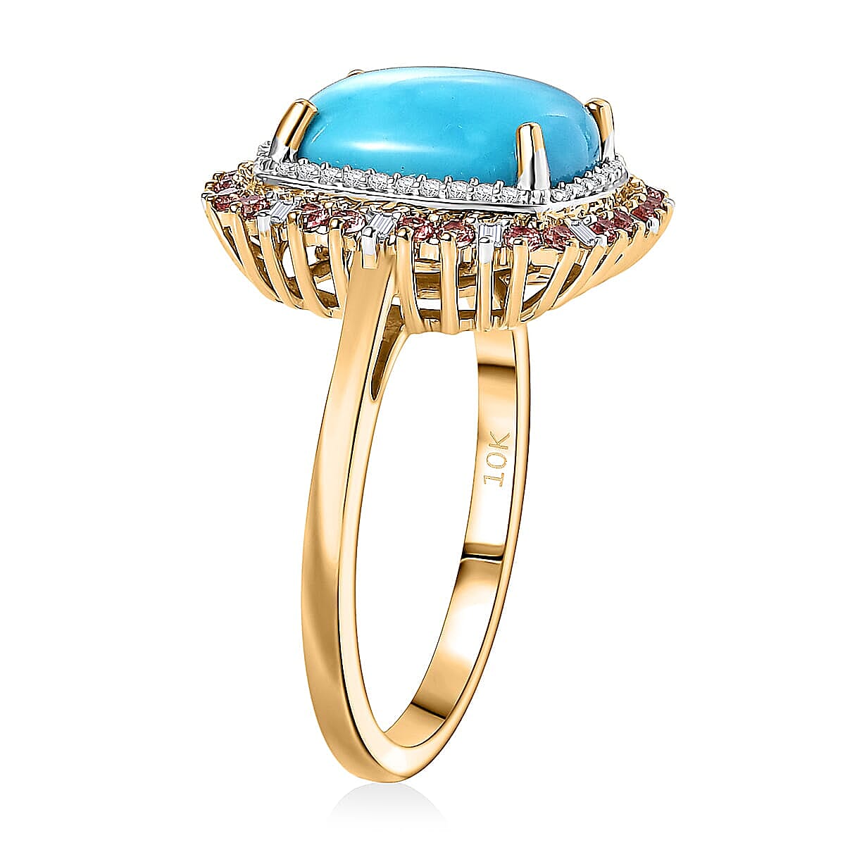 Luxoro 10K YelloLuxoro Premium Sleeping Beauty Turquoise, Padparadscw Gold Premium Sleeping Beauty Turquoise, Padparadscha Sapphire and Diamond (I2) (0.25 cts) Sunset Empress Ring (Size 12.0) 5.20 ctw image number 3