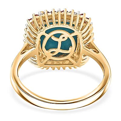 Luxoro 10K YelloLuxoro Premium Sleeping Beauty Turquoise, Padparadscw Gold Premium Sleeping Beauty Turquoise, Padparadscha Sapphire and Diamond (I2) (0.25 cts) Sunset Empress Ring (Size 12.0) 5.20 ctw