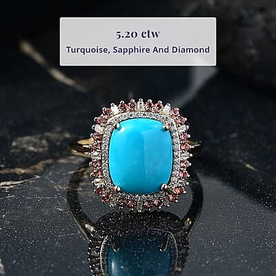 Luxoro Premium Sleeping Beauty Turquoise, Padparadscha Sapphire and I2 Diamond 5.20 ctw Sunset Empress Ring in 10K Yellow Gold (Size 5.0)