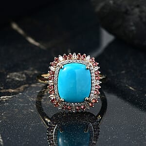 Luxoro Premium Sleeping Beauty Turquoise, Padparadscha Sapphire and I2 Diamond 5.20 ctw Sunset Empress Ring in 10K Yellow Gold (Size 7.0)