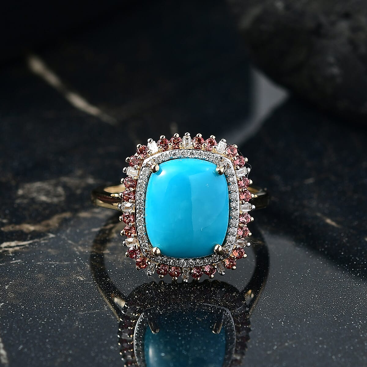 Luxoro Premium Sleeping Beauty Turquoise, Padparadscha Sapphire and I2 Diamond 5.20 ctw Sunset Empress Ring in 10K Yellow Gold (Size 9.0) image number 1