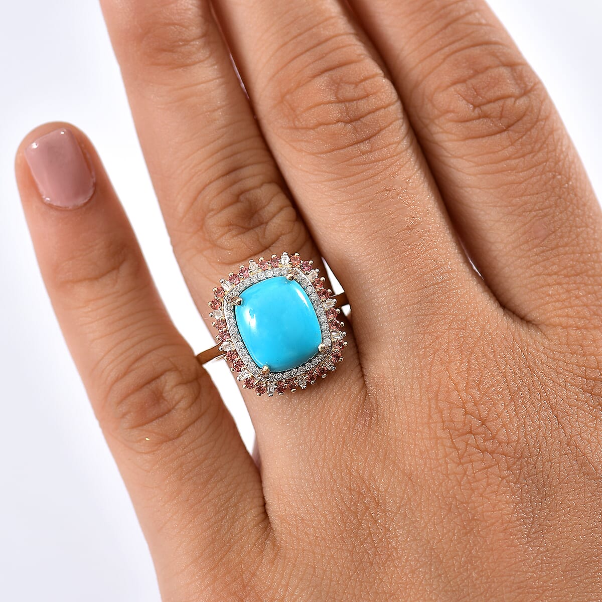Luxoro Premium Sleeping Beauty Turquoise, Padparadscha Sapphire and I2 Diamond 5.20 ctw Sunset Empress Ring in 10K Yellow Gold (Size 9.0) image number 2