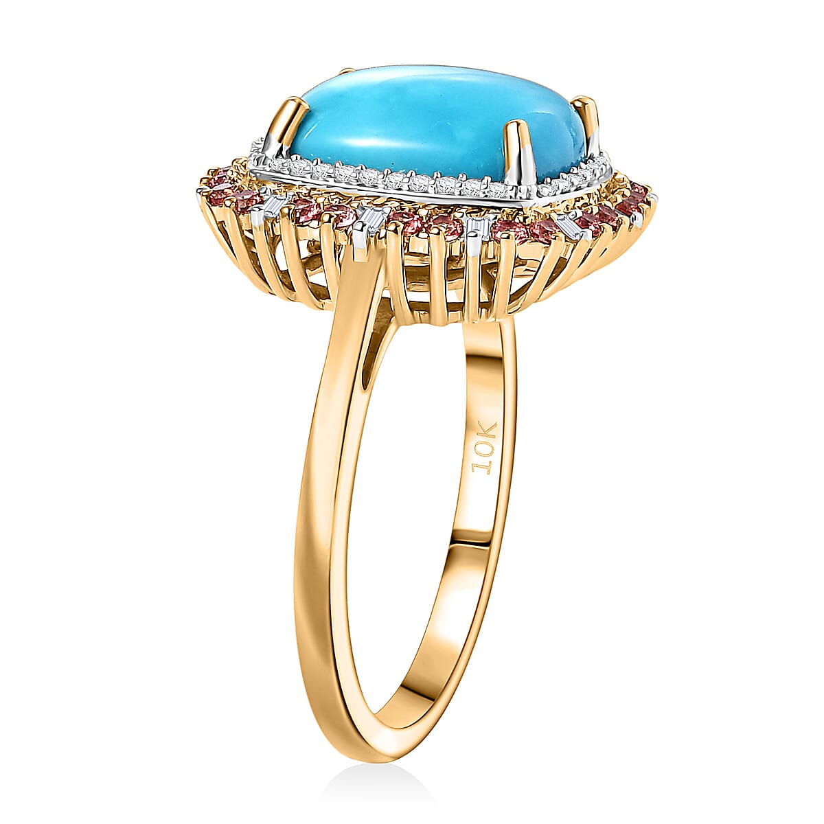 Luxoro Premium Sleeping Beauty Turquoise, Padparadscha Sapphire and I2 Diamond 5.20 ctw Sunset Empress Ring in 10K Yellow Gold (Size 9.0) image number 3
