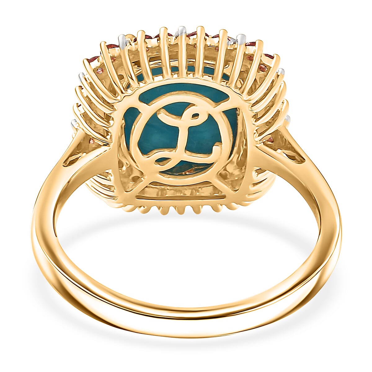 Luxoro Premium Sleeping Beauty Turquoise, Padparadscha Sapphire and I2 Diamond 5.20 ctw Sunset Empress Ring in 10K Yellow Gold (Size 9.0) image number 4
