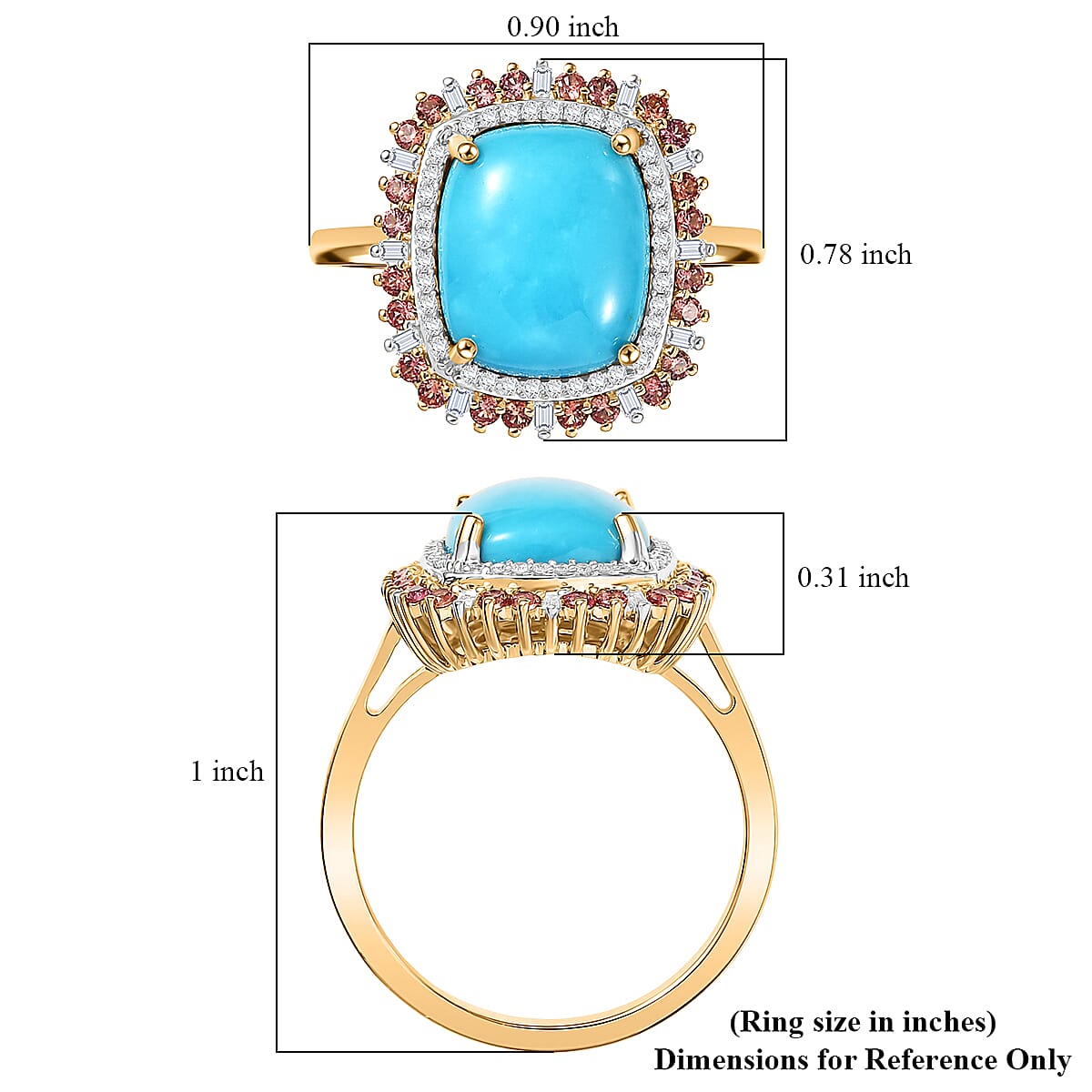 Luxoro Premium Sleeping Beauty Turquoise, Padparadscha Sapphire and I2 Diamond 5.20 ctw Sunset Empress Ring in 10K Yellow Gold (Size 9.0) image number 5
