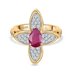 African Ruby and White Zircon 2.41 ctw Fancy Ring in Vermeil Yellow Gold Over Sterling Silver (Size 6.5)