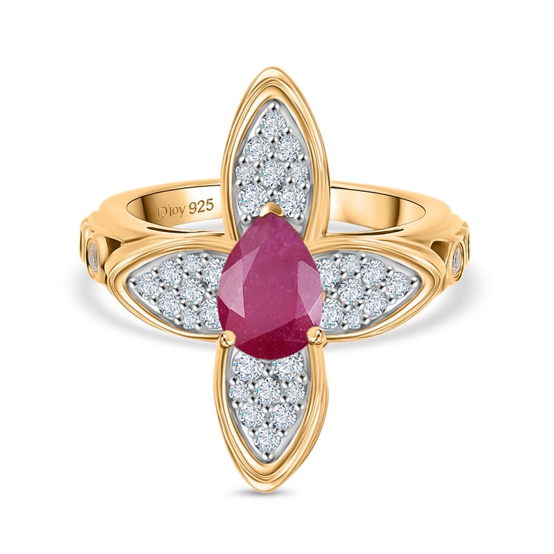 D'Joy African Ruby (FF) and White Zircon 2.38 ctw Ring in 18K Vermeil Yellow Gold Over Sterling Silver (Size 9.0)