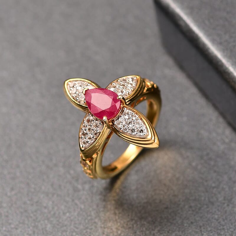 D'Joy African Ruby (FF) and White Zircon 2.38 ctw Ring in 18K Vermeil Yellow Gold Over Sterling Silver (Size 9.0)
