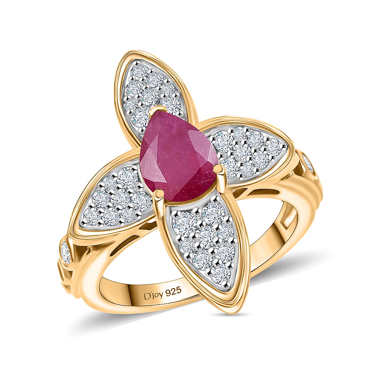 D'Joy African Ruby (FF) and White Zircon 2.38 ctw Ring in 18K Vermeil Yellow Gold Over Sterling Silver (Size 9.0)