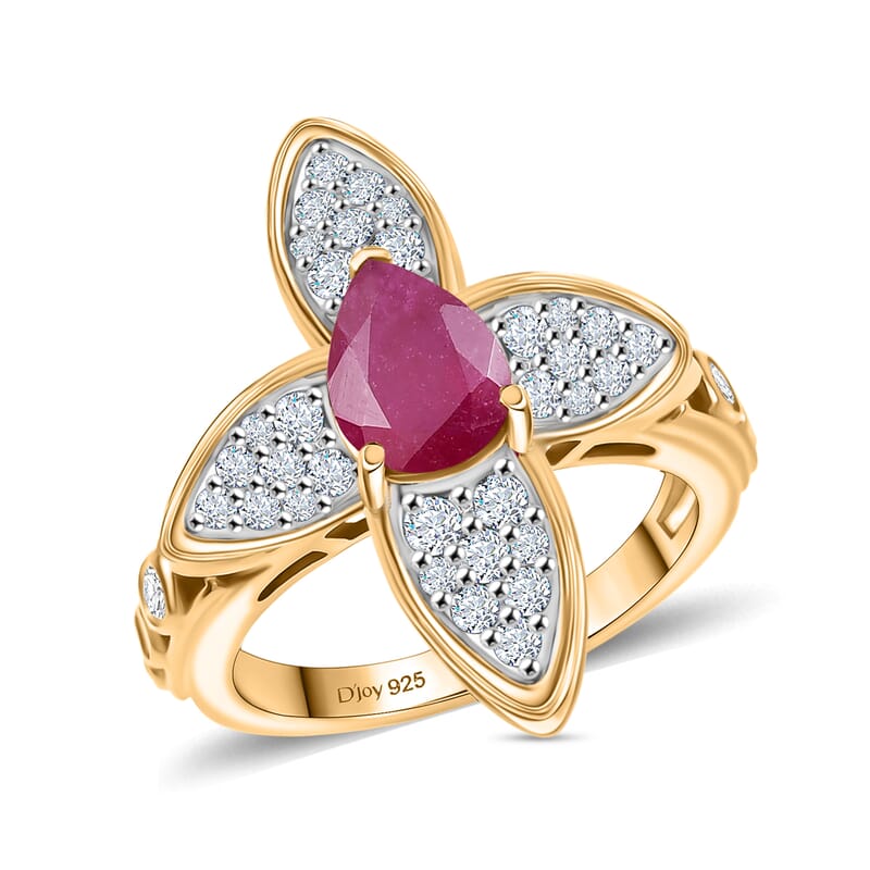 D'Joy African Ruby (FF) and White Zircon 2.38 ctw Ring in 18K Vermeil Yellow Gold Over Sterling Silver (Size 9.0)