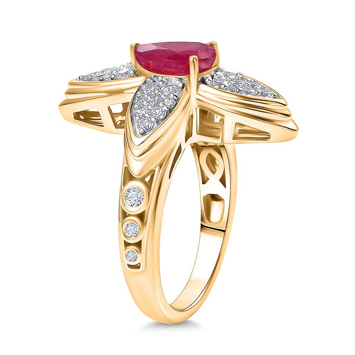 D'Joy African Ruby (FF) and White Zircon 2.38 ctw Ring in 18K Vermeil Yellow Gold Over Sterling Silver (Size 9.0)