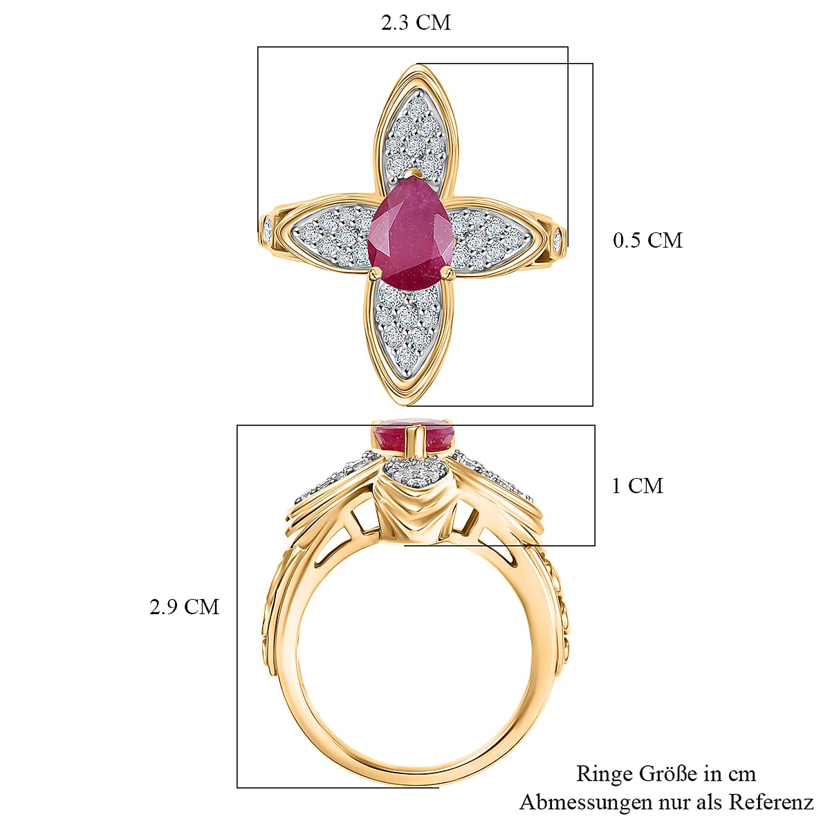 D'Joy African Ruby (FF) and White Zircon 2.38 ctw Ring in 18K Vermeil Yellow Gold Over Sterling Silver (Size 9.0)