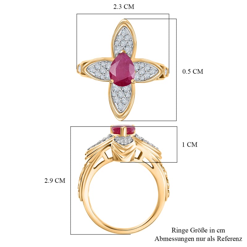 D'Joy African Ruby (FF) and White Zircon 2.38 ctw Ring in 18K Vermeil Yellow Gold Over Sterling Silver (Size 9.0)