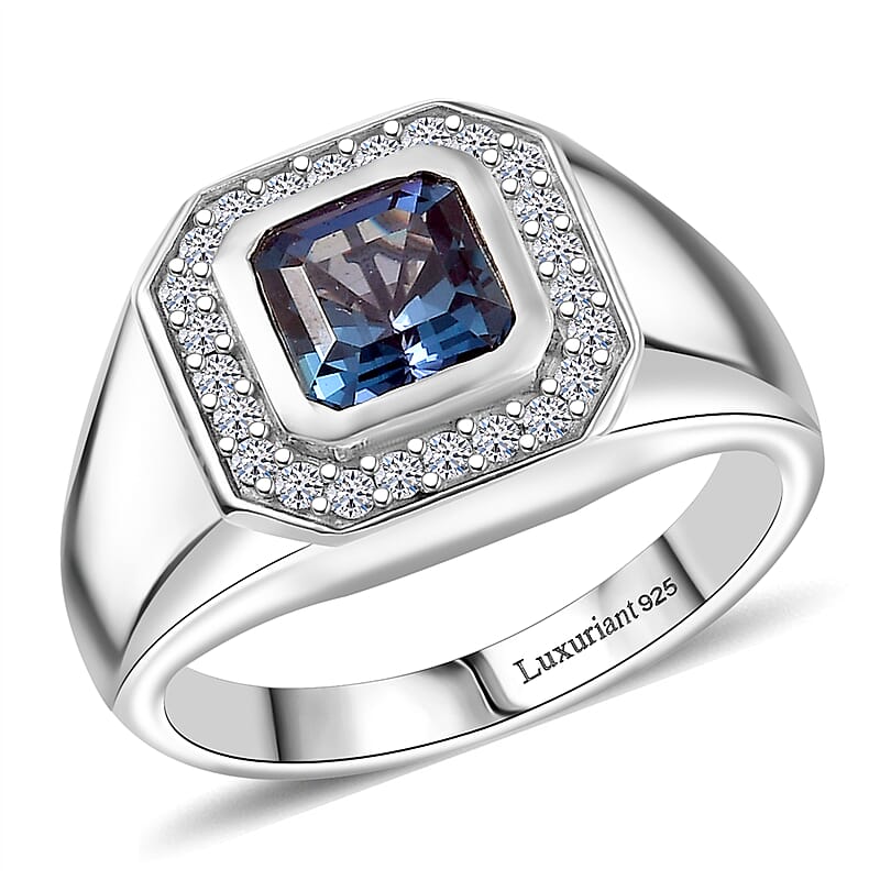 Luxuriant AAA Lab Grown Alexandrite and Lab Grown Diamond G-H SI 2.40 ctw Eclipse Valor Men's Ring in Rhodium Over Sterling Silver (Size 10.0)
