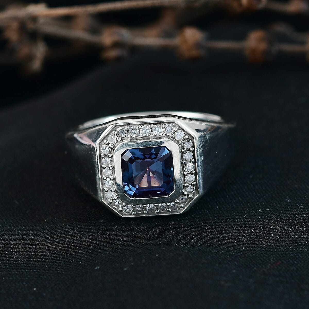 Luxuriant AAA Lab Grown Alexandrite and Lab Grown Diamond G-H SI 2.40 ctw Eclipse Valor Men's Ring in Rhodium Over Sterling Silver (Size 14.0) image number 1
