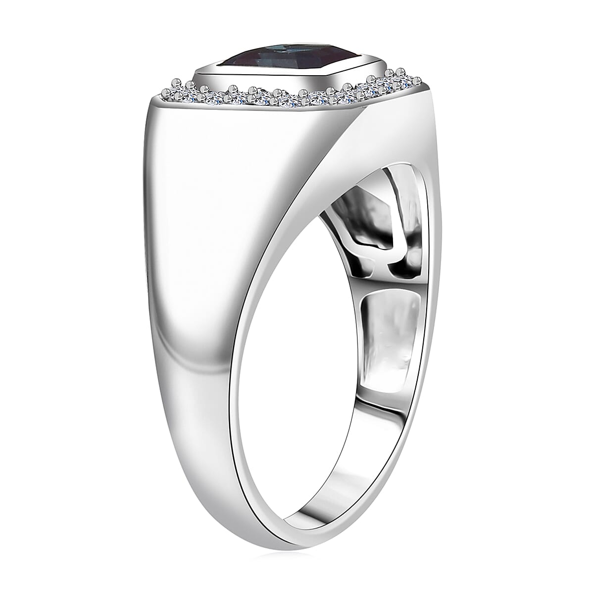 Luxuriant AAA Lab Grown Alexandrite and Lab Grown Diamond G-H SI 2.40 ctw Eclipse Valor Men's Ring in Rhodium Over Sterling Silver (Size 14.0) image number 3