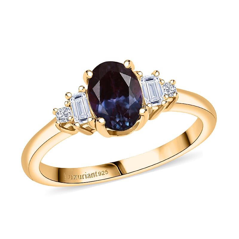 Luxuriant AAA Lab Grown Alexandrite and Lab Grown Diamond G-H SI 1.20 ctw Twilight Grace Ring in 18K Vermeil Yellow Gold Over Sterling Silver (Size 6.0)