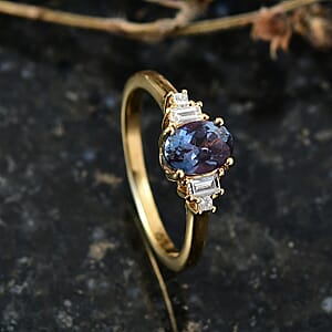 Luxuriant AAA Lab Grown Alexandrite and Lab Grown Diamond G-H SI 1.20 ctw Twilight Grace Ring in 18K Vermeil Yellow Gold Over Sterling Silver (Size 6.0) 