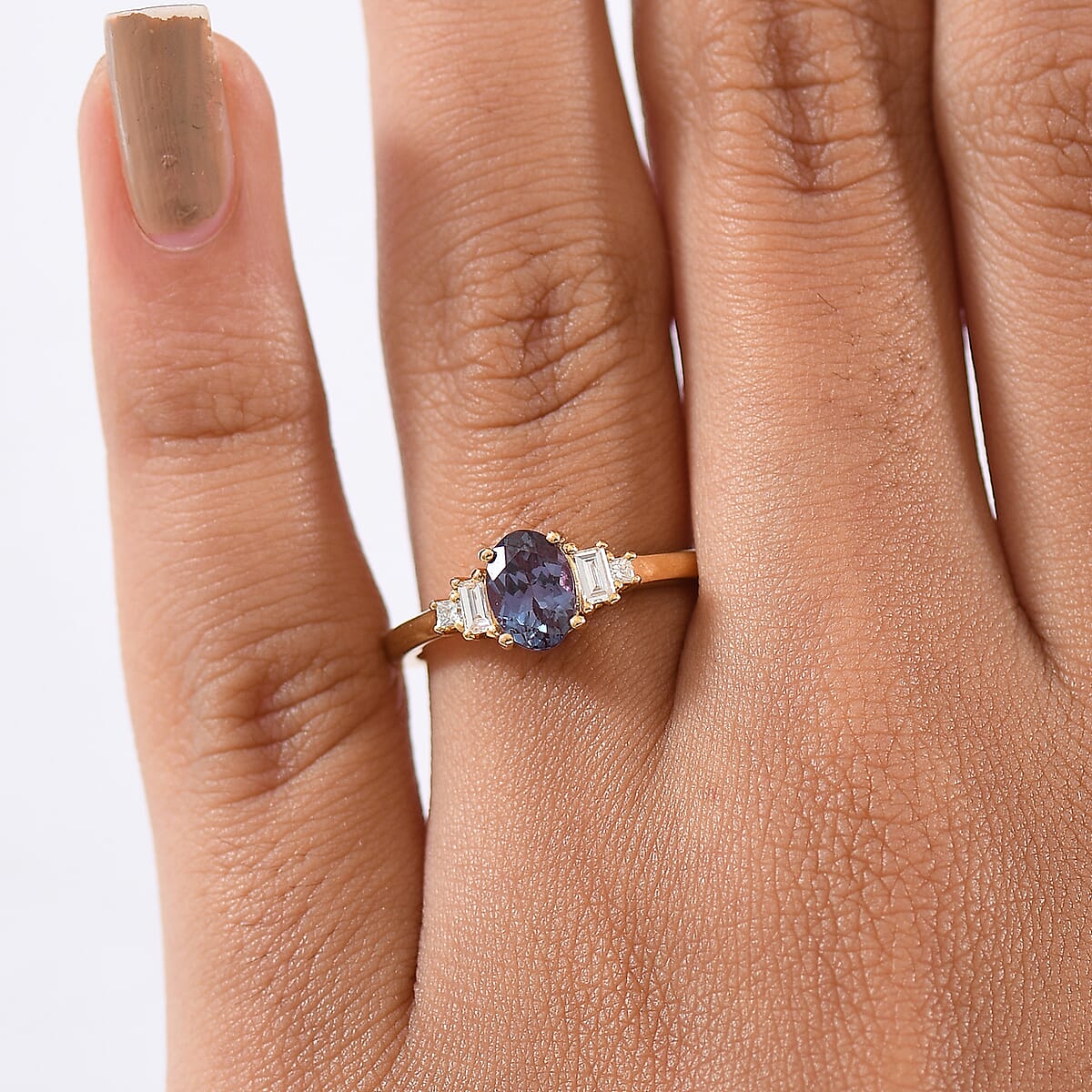 Luxuriant AAA Lab Grown Alexandrite and Lab Grown Diamond G-H SI 1.20 ctw Twilight Grace Ring in 18K Vermeil Yellow Gold Over Sterling Silver (Size 6.0)  image number 2