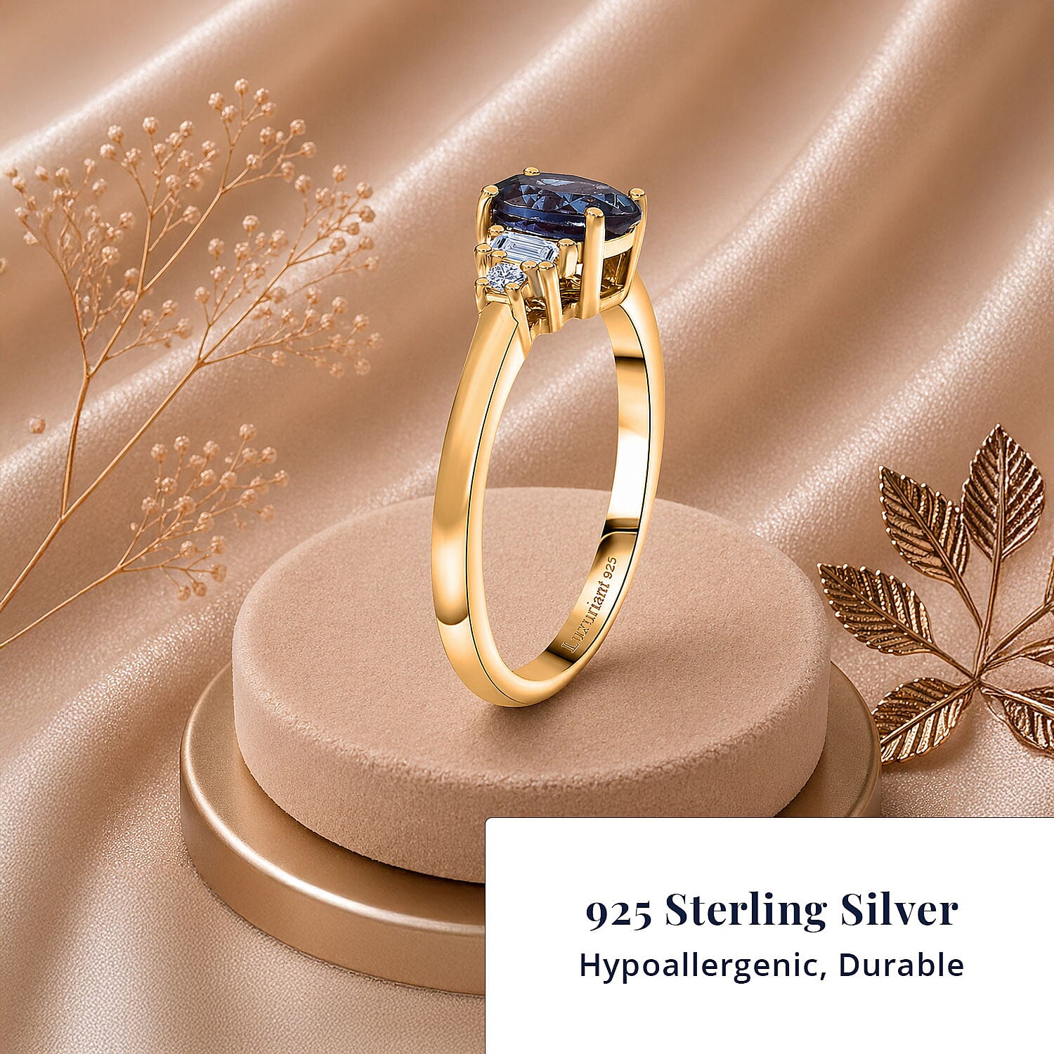 Luxuriant AAA Lab Grown Alexandrite and Lab Grown Diamond G-H SI 1.20 ctw Twilight Grace Ring in 18K Vermeil Yellow Gold Over Sterling Silver (Size 6.0) 