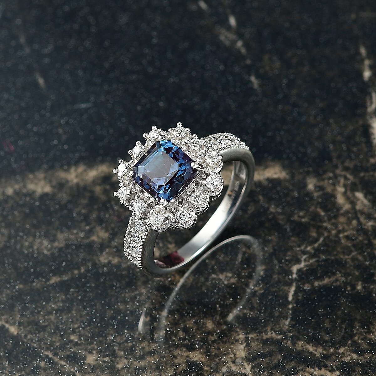 Luxuriant Lab Grown Alexandrite and SI Lab Grown Diamond 2.80 ctw Ring in Rhodium Over Sterling Silver (Size 6.0) image number 1