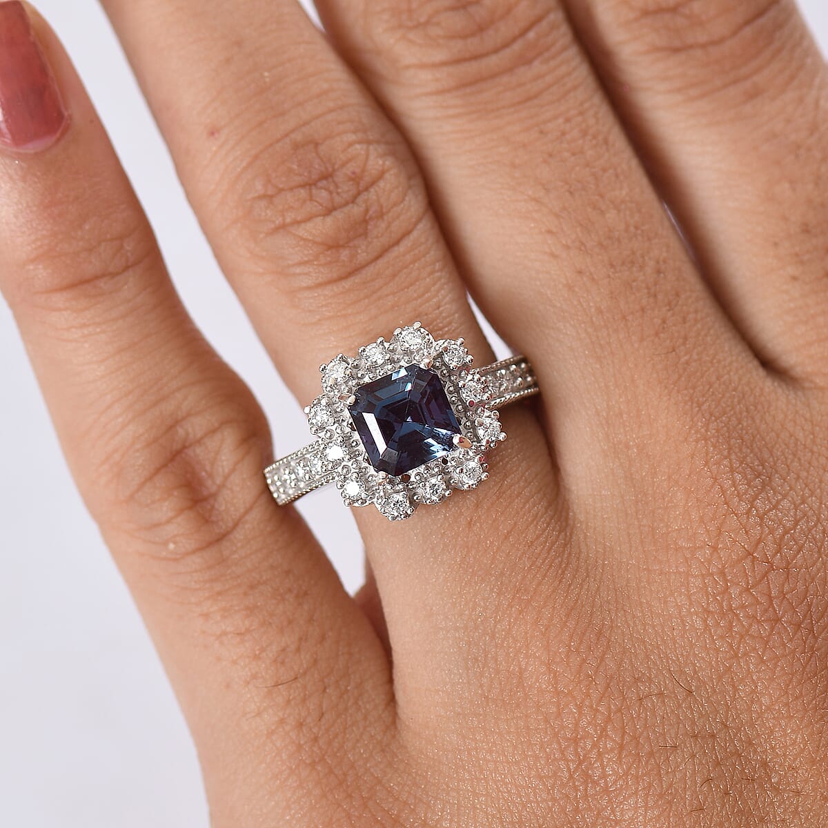 Luxuriant Lab Grown Alexandrite and SI Lab Grown Diamond 2.80 ctw Ring in Rhodium Over Sterling Silver (Size 6.0) image number 2