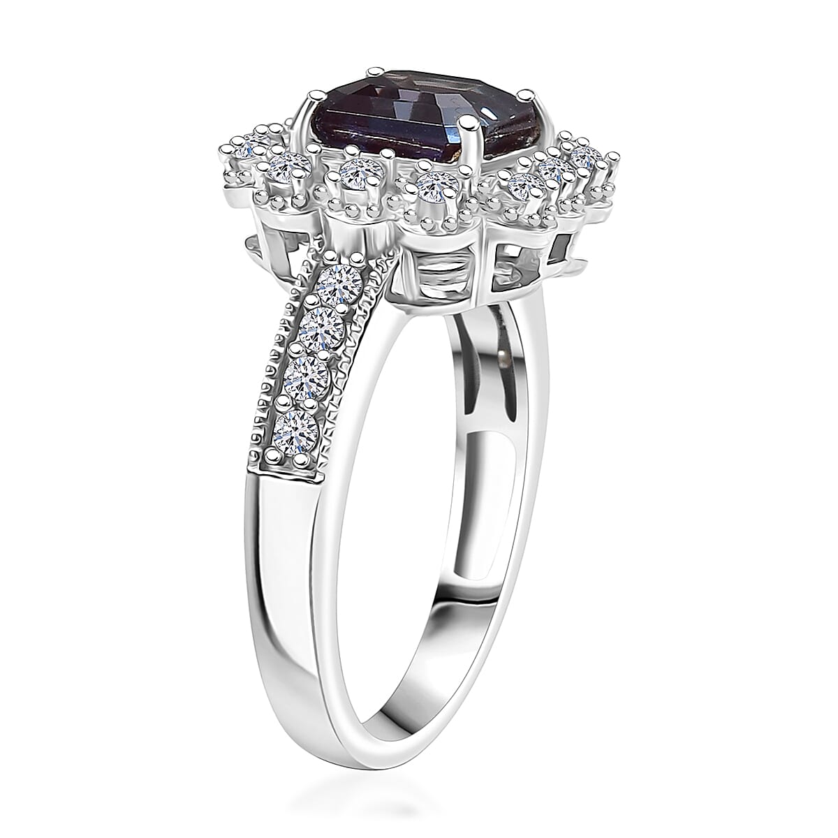 Luxuriant Premium Lab Grown Alexandrite and G-H SI Lab Grown Diamond 2.80 ctw Midnight Majesty Ring in Rhodium Over Sterling Silver (Size 8.0) image number 3