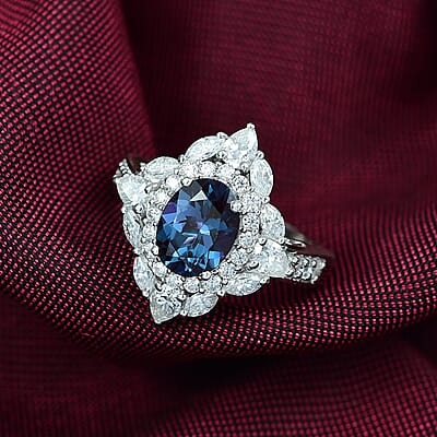 D'Joy Lab Grown Alexandrite, Moissanite Star Ring in Rhodium Over Sterling Silver 4.00 ctw (Size 6.0)