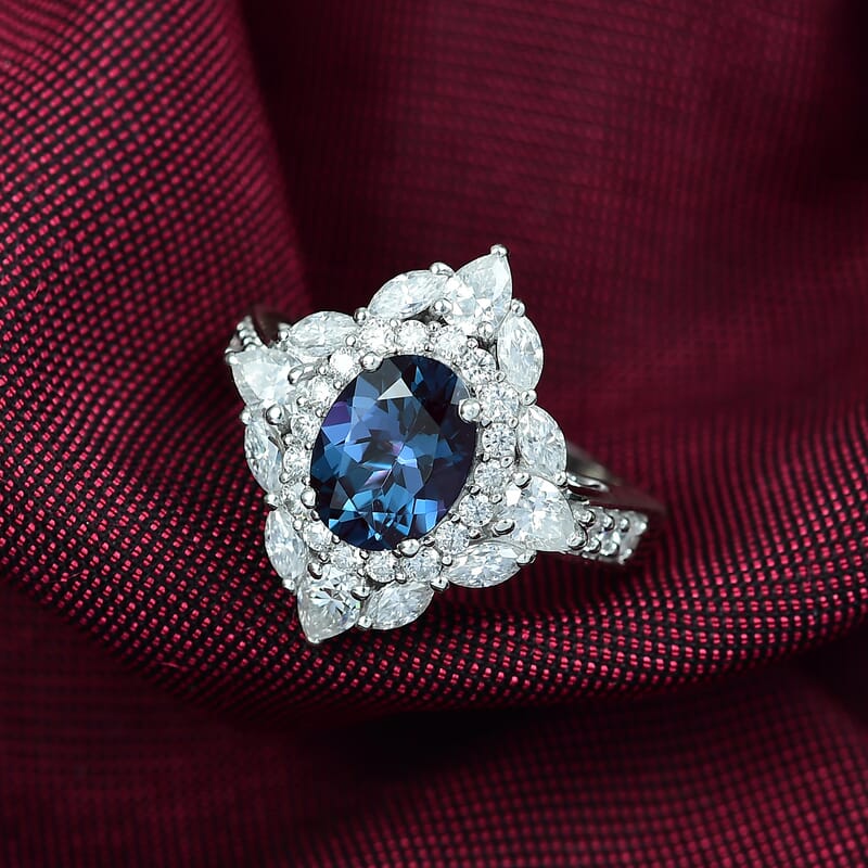 D'Joy Lab Grown Alexandrite, Moissanite Star Ring in Rhodium Over Sterling Silver 4.00 ctw (Size 6.0)