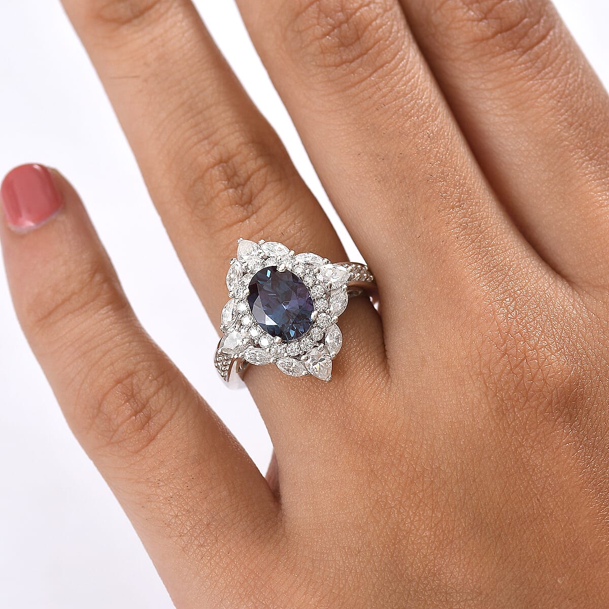 D'Joy Lab Grown Alexandrite and Moissanite 4.00 ctw Ring in Rhodium Over Sterling Silver image number 2