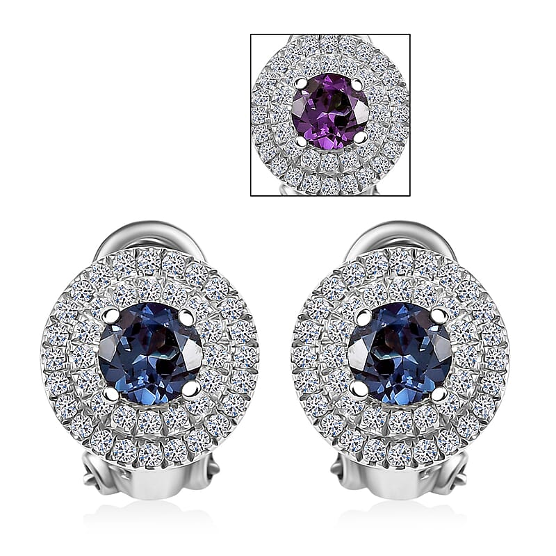 Luxuriant Lab Grown Alexandrite and Moissanite 1.80 ctw Art Deco Earrings in Rhodium Over Sterling Silver