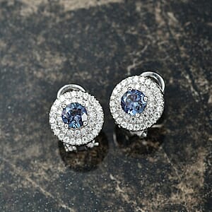 Luxuriant Lab Grown Alexandrite and Moissanite 1.80 ctw Art Deco Earrings in Rhodium Over Sterling Silver