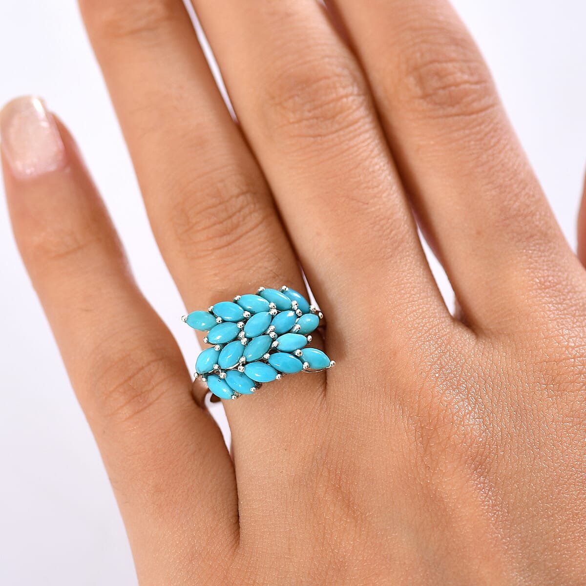 D'Joy Sleeping Beauty Turquoise 2.90 ctw Bypass Leafs Ring in Rhodium Over Sterling Silver (Size 8.0)  image number 2