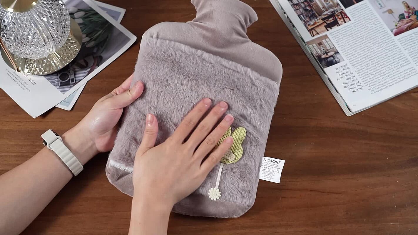 Gray 2L Hot Water Bag with Rabbit Faux Fur Cover