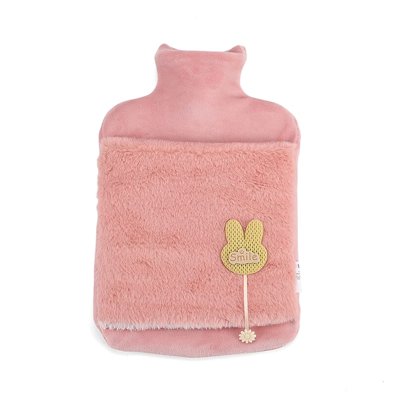 Pink 2L Hot Water Bag with Rabbit Faux Fur Cover