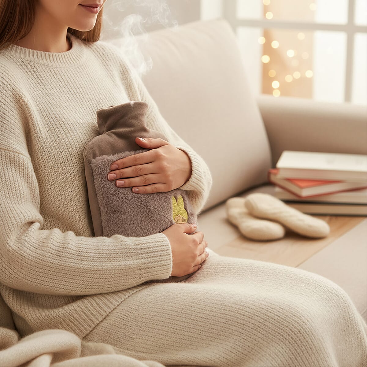 Beige 2L Hot Water Bag with Rabbit Faux Fur Cover image number 1