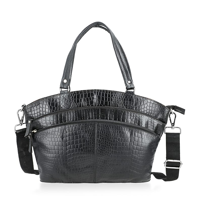 La Marey Black Genuine Leather Tote Bag with Front Two Zip Pocket