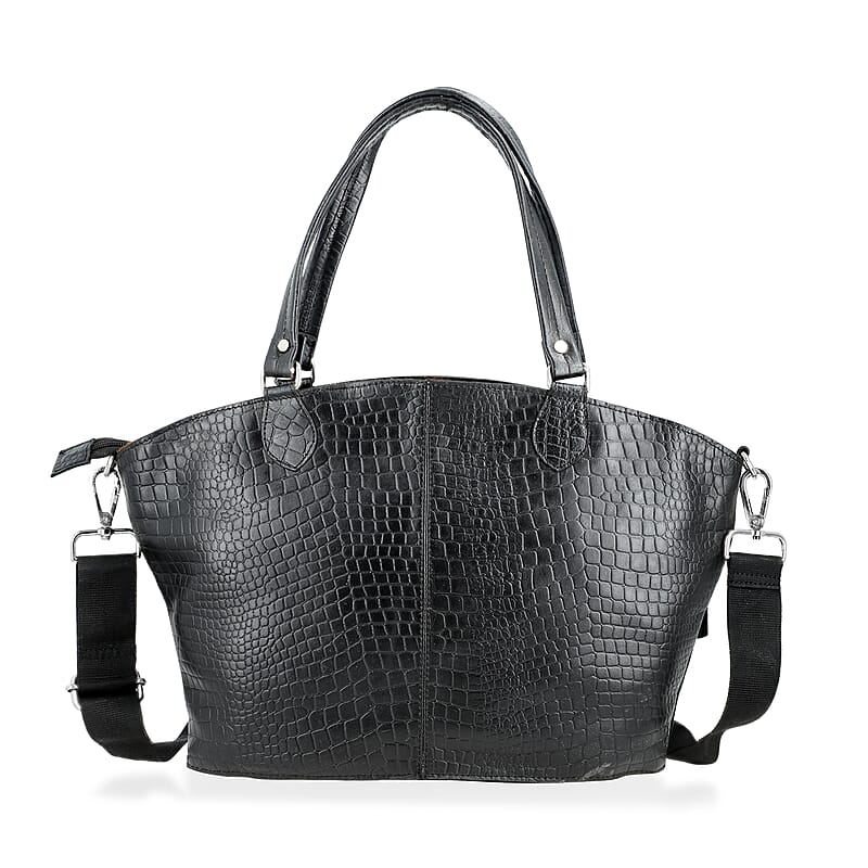La Marey Black Genuine Leather Tote Bag with Front Two Zip Pocket