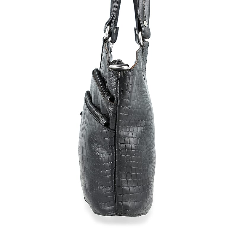 La Marey Black Genuine Leather Tote Bag with Front Two Zip Pocket