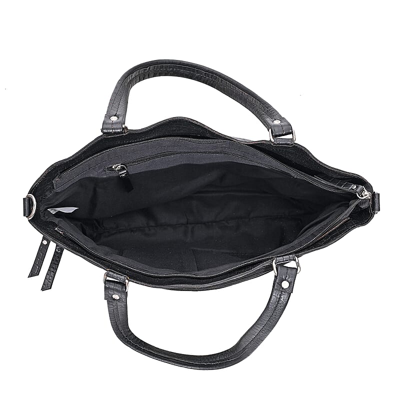 La Marey Black Genuine Leather Tote Bag with Front Two Zip Pocket