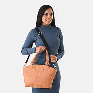 La Marey Tan Genuine Leather Tote Bag with Front Two Zip Pocket