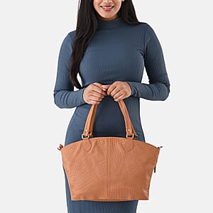 La Marey Tan Genuine Leather Tote Bag with Front Two Zip Pocket