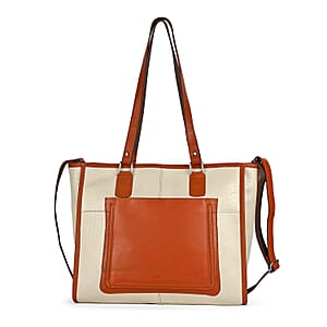 La Marey Beige & Tan Genuine Leather Tote Bag with Front Pocket