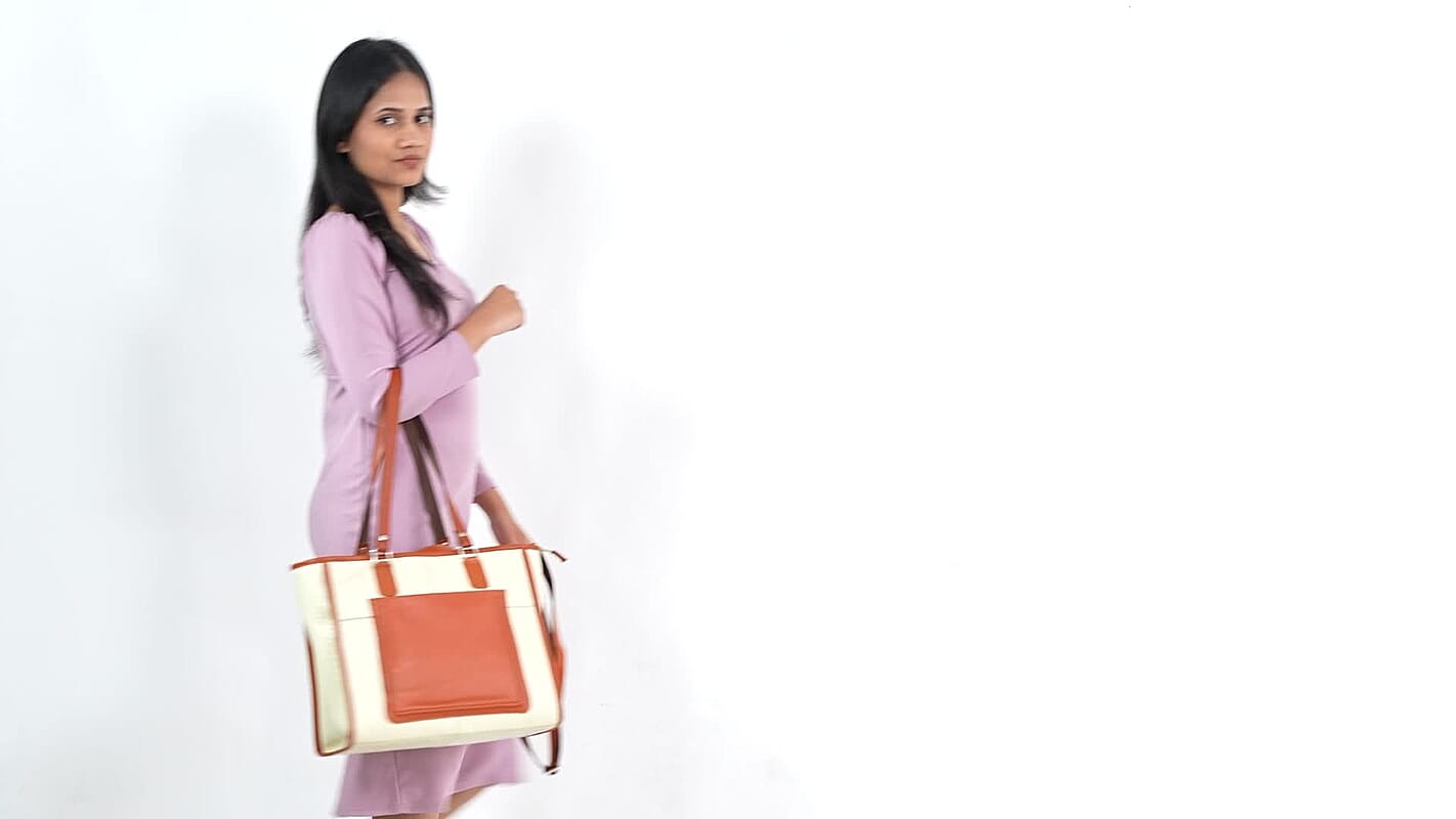La Marey Beige & Tan Genuine Leather Tote Bag with Front Pocket (14.5"x12"x5.5")