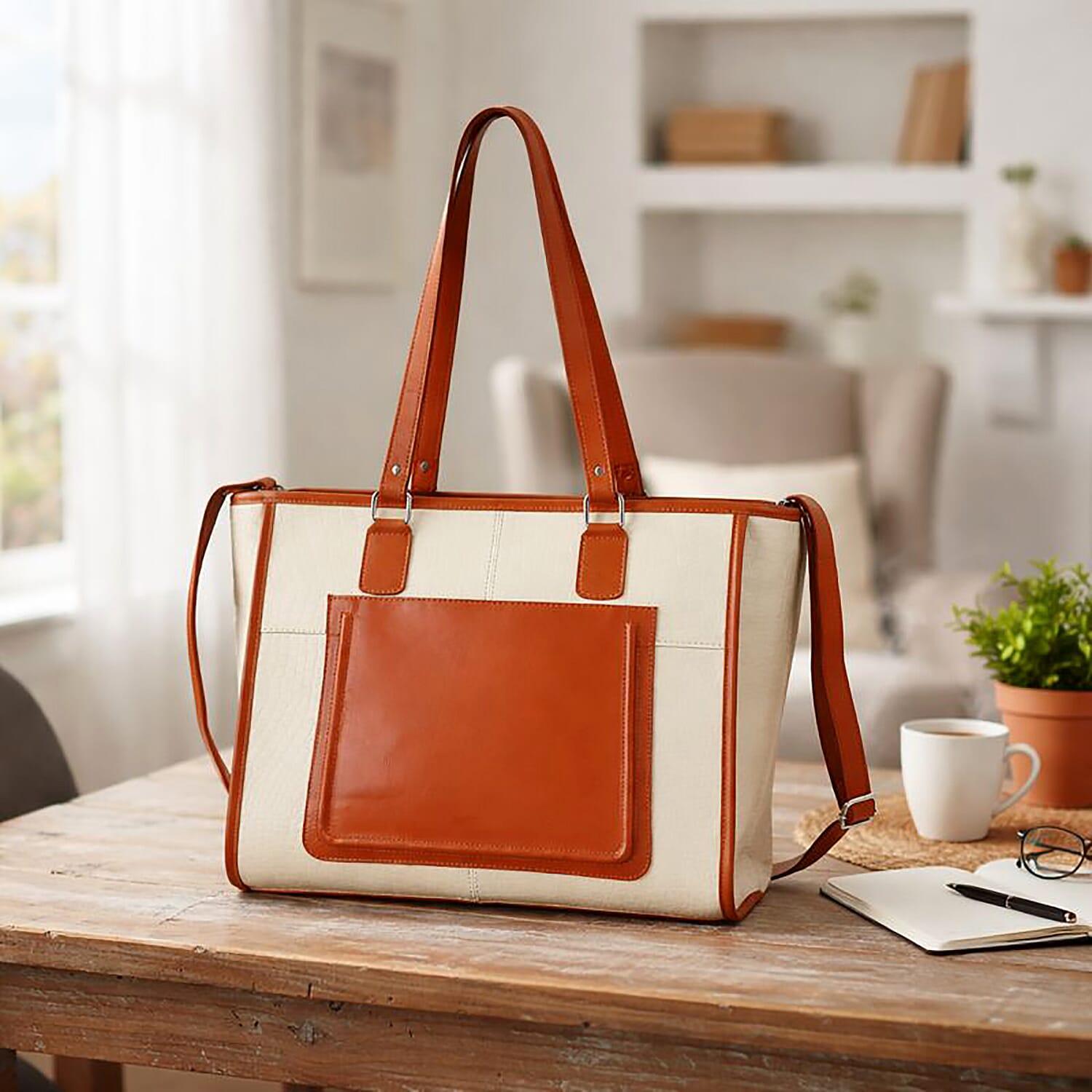 La Marey Beige & Tan Genuine Leather Tote Bag with Front Pocket