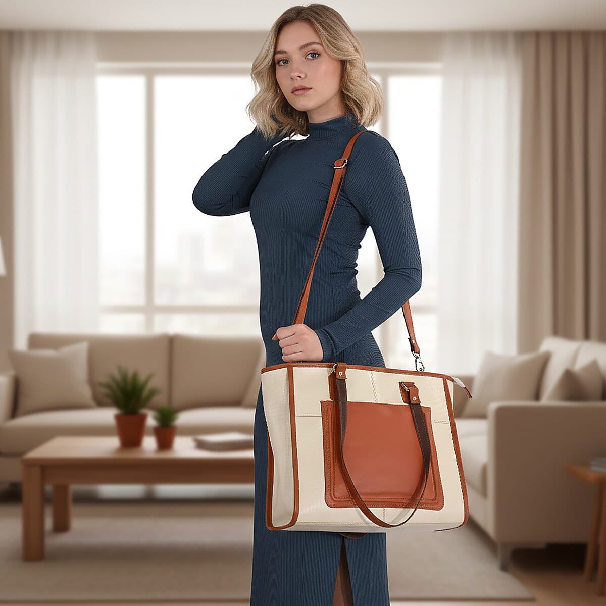 La Marey Beige & Tan Genuine Leather Tote Bag with Front Pocket image number 2