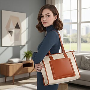 La Marey Beige & Tan Genuine Leather Tote Bag with Front Pocket