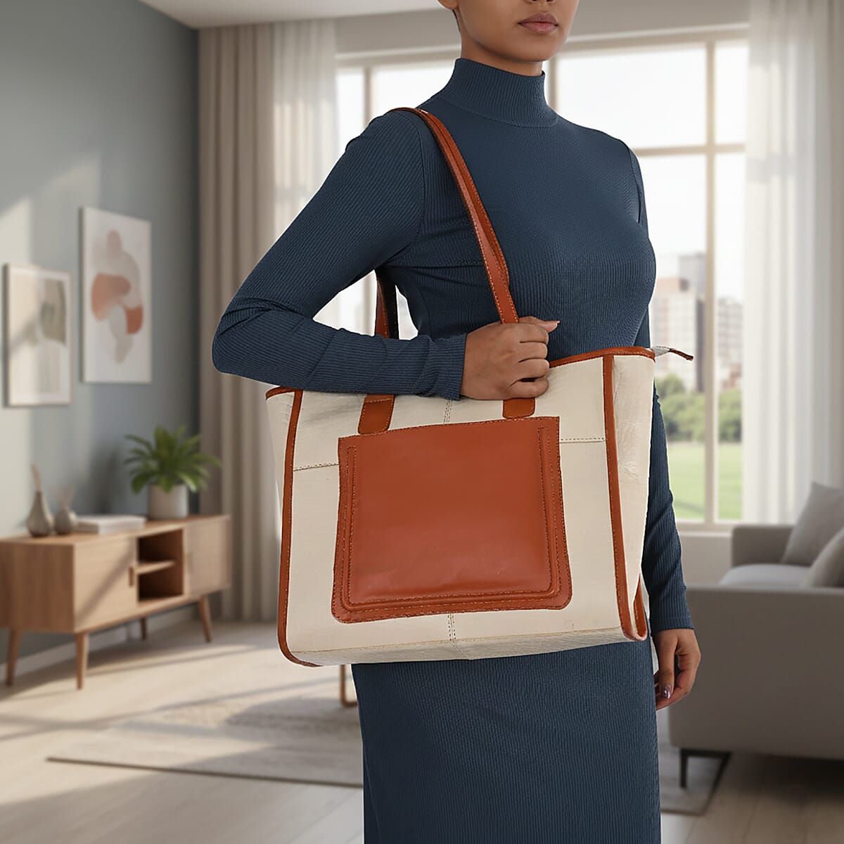 La Marey Beige & Tan Genuine Leather Tote Bag with Front Pocket image number 4