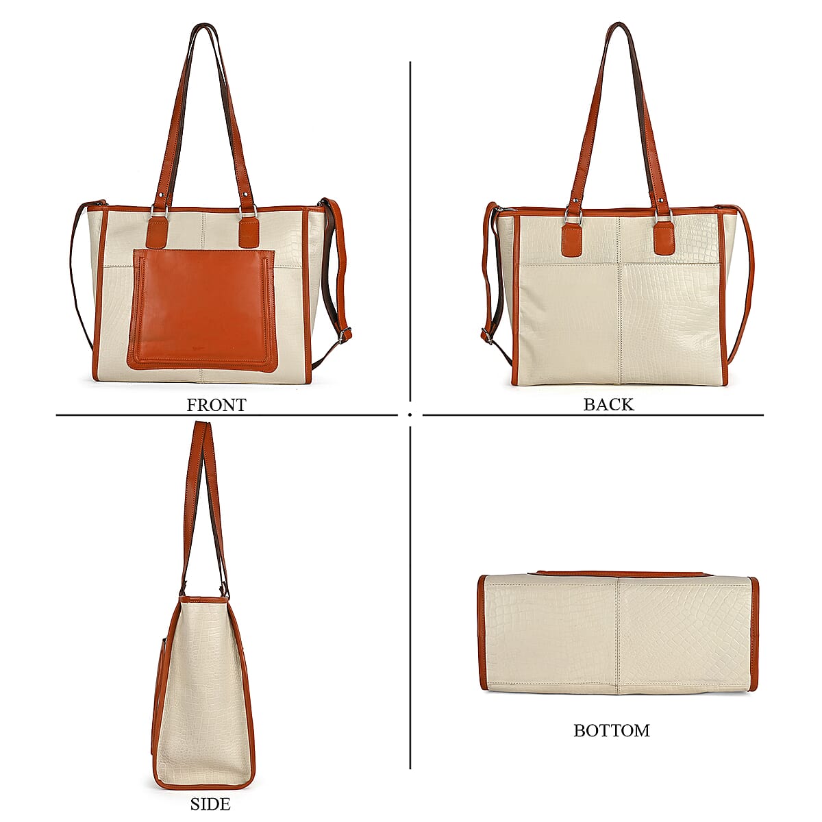 La Marey Beige & Tan Genuine Leather Tote Bag with Front Pocket image number 5